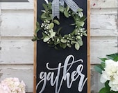 Gather Sign , Gather Wood Sign , Home Decor Sign , Thanksgiving Signs , Large Gather Sign , Fall Wall Decor , Buffalo check with Wreath