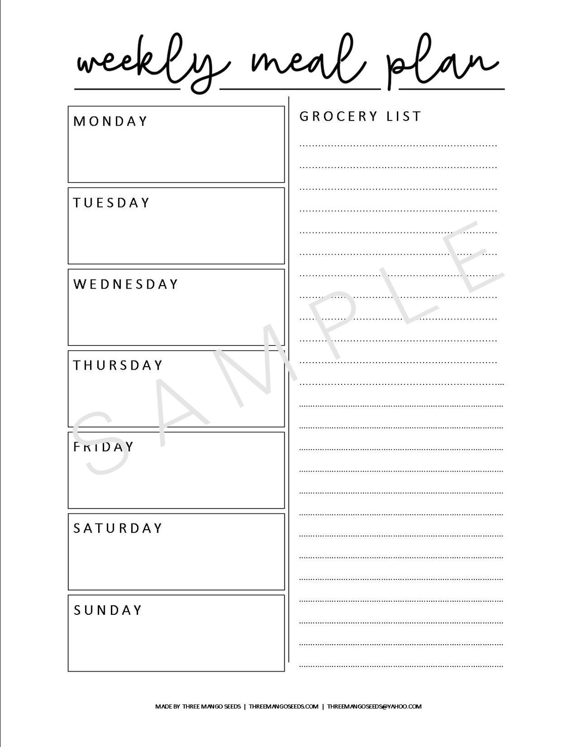Printable Menu Planner Menu Planner With Grocery List Etsy