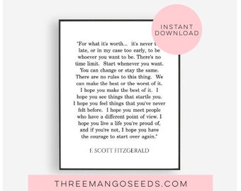 F Scott Fitzgerald For What It's Worth Quote Inspirational Print Gift, Typography Quote Print Unframed, Instant Download, JPG, 16x20