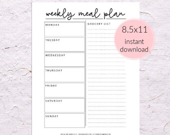 Printable Menu Planner | Menu Planner with Grocery List |  Printable Menu Plan | Weekly Menu Planner | Minimal Meal Planner | JPEG