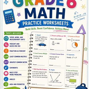 May include: A Grade 6 math practice worksheet with colorful text and illustrations. Topics include speed, fractions, exponents, and area. A blue backpack and a stack of books are also shown.