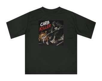 Carb Killer Grim Reaper Riding Motorcycle T-shirt | Keto Humor, Retro Biker Art