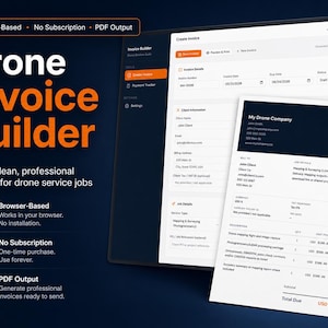 Pode incluir: Uma interface digital para um "Drone Invoice Builder" mostra a criação de faturas. A interface apresenta um design limpo com opções para detalhes da fatura, informações do cliente e detalhes do trabalho. O texto diz: "Crie faturas profissionais para serviços de drones."