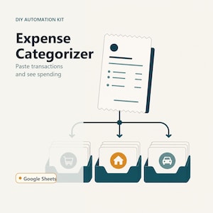 May include: A DIY automation kit graphic titled Expense Categorizer with the text Paste transactions and see spending. It shows a receipt icon branching into three document folders labeled with shopping cart, house, and car icons, plus a Google Sheets tag.