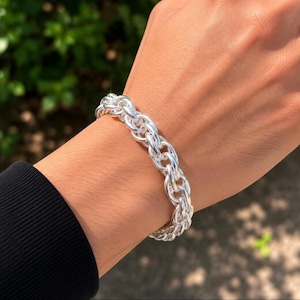 Pulsera de plata de ley 925 maciza con eslabones gruesos, cadena doblemente tejida, joyería unisex para la muñeca.