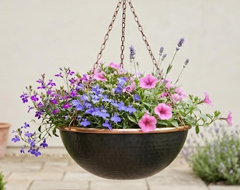 Vaso sospeso in rame nero martellato / Vaso rustico da giardino per esterni