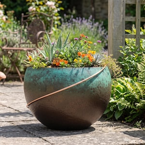 Large Hammered Copper Planter, Turquoise Patina  Garden Pot, Rustic Outdoor Flower Bowl