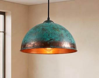 Handmade Oxidized Copper Dome Pendant Light, Green Patina Finish,Chandelier Farmhouse Lamp
