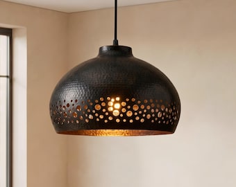 Black Hammered Copper Pendant Light, Kitchen Island Hanging Lamp shade, Artisan lighting