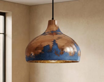 Handgemachte Gehämmerte Kupfer Pendelleuchte, Blau Patina Kuppel Lampenschirm