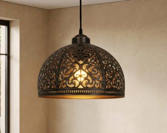 Lámpara colgante marroquí, lámpara de techo de cobre hecha a mano, farol colgante bohemio, iluminación industrial.