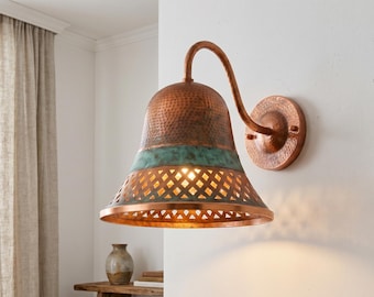 Moroccan Green Patina Copper Wall Sconce– Farmhouse Handmade Copper Light – Vintage Wall Lamp