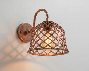 Kinkiet ścienny w stylu vintage z miedzi, rustykalna lampa klatkowa, oświetlenie ścienne z żarówką Edisona, dekoracja ścienna w stylu rustykalnym