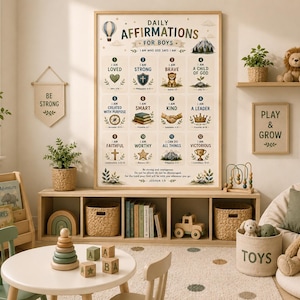 May include: A framed wall poster titled Daily Affirmations for Boys featuring twelve numbered sections with illustrations and text including I am loved, strong, brave, a child of God, created with purpose, smart, kind, a leader, faithful, worthy, and victorious.