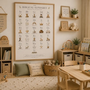 Può includere: Un grande poster da parete incorniciato intitolato The Biblical Alphabet che mostra le lettere dalla A alla Z con illustrazioni e riferimenti biblici, esposto in una stanza con mobili in legno, contenitori per giocattoli e cuscini.
