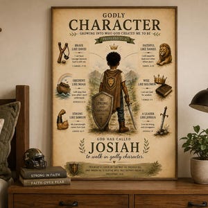 Könnte beinhalten: Ein vertikales Wandplakat mit dem Titel Godly Character, das eine zentrale Illustration eines Kindes in einem Umhang mit Schild und Schwert zeigt. Das Plakat enthält Text, biblische Referenzen und kleine Symbole wie eine Steinschleuder, eine Arche, einen Löwen, eine Krone und ein Buch.