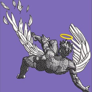 May include: An embroidered design of an angel with white wings and a yellow halo against a purple background. The angel is depicted in a dynamic pose, with detailed shading and feather accents. The design has a vintage, illustrative style.
