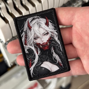 Oni Girl Printed Fabric Patch – White Hair, Red Demon Mask, Black Stitched Border