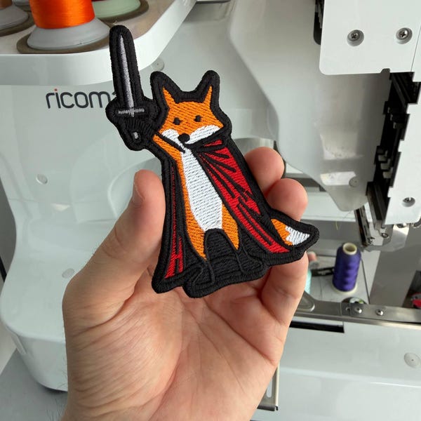 Fox Knight Embroidered Patch, Medieval Warrior Badge, Sword, Red Cape (10x8 cm)