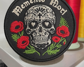 Memento Mori Patch | Sugar Skull Red Poppy Embroidered Gothic Badge | Goth Gift | Iron On