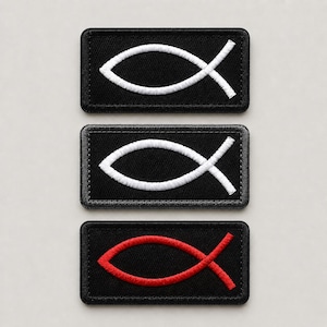 May include: Three rectangular embroidered patches with black fabric backgrounds. The top two patches feature a white stitched Christian fish symbol, while the bottom patch displays the same fish symbol embroidered in a vibrant red thread.