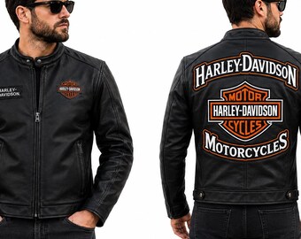 Harley Davidson Jackets |  Leather Motorcycle | Men’s Black Biker Racing Jacket | Large Embroidered Back Patch Rider Coat