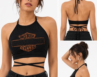 Haley-Davidson Neckholder Crop Top, Biker inspiriertes Neckholder Top, rückenfreies Bindetop für Frauen, Motorrad-Stil, Y2K Sommertop, Festival Outfit