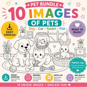 Puede incluir: Un paquete digital de mascotas con 10 imágenes únicas de mascotas, incluyendo perro, gato, conejo y pez. Las imágenes son dibujos lineales en blanco y negro, perfectos para colorear y decorar. Descarga instantánea y archivos de alta calidad.