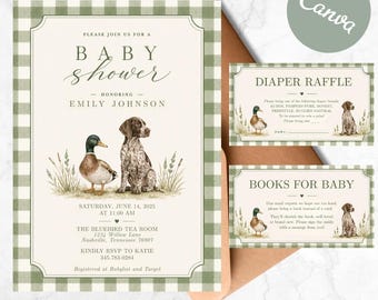 May include: A baby shower invitation set featuring a green and white gingham border, illustrations of a mallard duck and a German Shorthaired Pointer, and text including "Please join us for a baby shower honoring Emily Johnson" with event details.