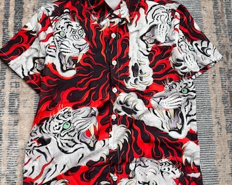 Vintage Y2K White Tiger Flame All Over Print Hawaiian Shirt Japanese AOP Fire Tiger Button Up