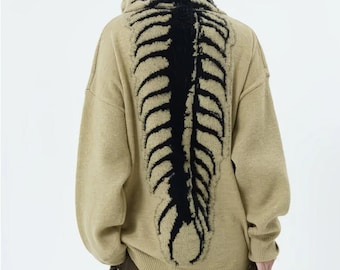 Vintage Y2K Skeleton Spine Knit Hoodie Goth Grunge Punk Sweater Bone Graphic Pullover