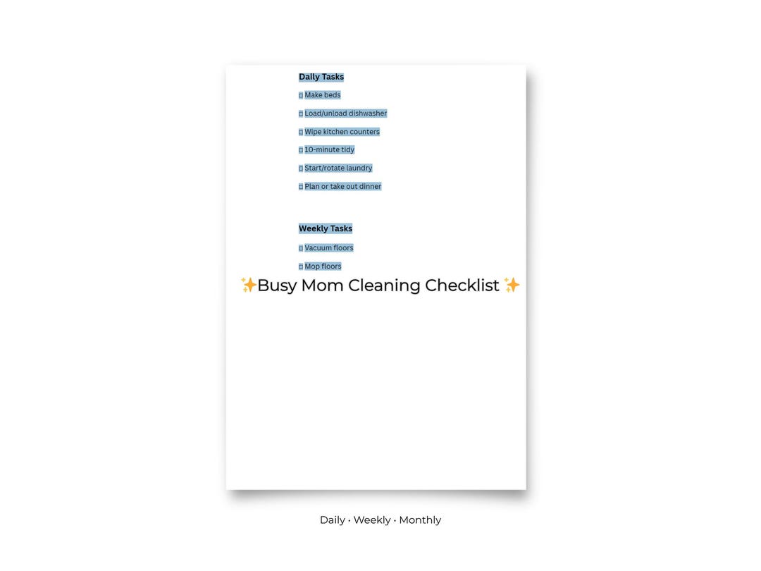 Busy Mom Cleaning Checklist Printable | Daily Weekly Monthly Cleaning ...