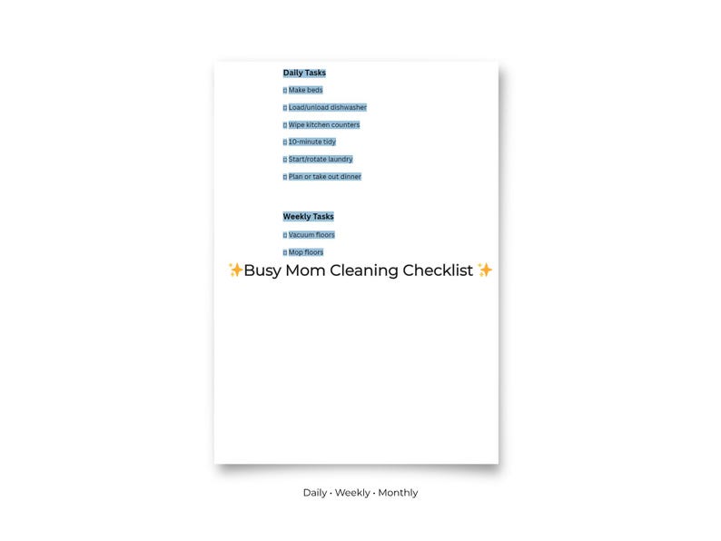 Busy Mom Cleaning Checklist Printable | Daily Weekly Monthly Cleaning ...