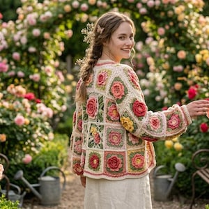 May include: A long-sleeved cardigan constructed from crocheted granny squares featuring floral motifs in shades of pink, yellow, green, and cream. The garment has a button-down front, a round neckline, and a scalloped edge along the bottom hem.