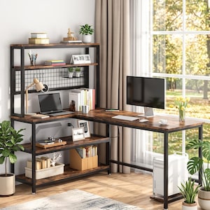 Industrial L-Shaped Desk with Storage Shelves | Rustic Wood Home Office Workstation