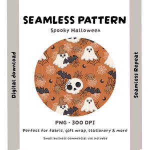 Könnte beinhalten: Ein digitales nahtloses Muster mit einem sich wiederholenden Halloween-Design auf orangefarbenem Hintergrund. Die Grafik enthält weiße Geister, schwarze Fledermäuse, braune Spinnen, weiße Totenköpfe und Spinnennetze. Text: SEAMLESS PATTERN, Spooky Halloween, Digital download, Seamless Repeat, PNG 300 DPI.