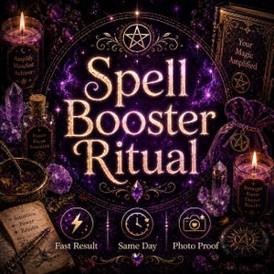 Könnte beinhalten: Mystisches Bild mit den Worten "Spell Booster Ritual" in goldener Schrift. Das Bild zeigt Kerzen, Kristalle, ein Zauberbuch und den Text "Fast Result", "Same Day" und "Photo Proof". Das Farbschema ist hauptsächlich lila und gold.
