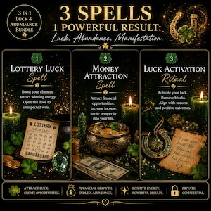 May include: An advertisement for a 3-in-1 luck and abundance bundle. The image is divided into three sections, each detailing a spell: Lottery Luck, Money Attraction, and Luck Activation. Each section includes related imagery such as lottery tickets, money, and candles.