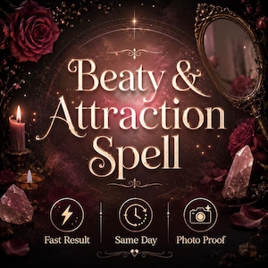 Könnte beinhalten: Werbung für einen Schönheits- und Anziehungszauber. Das Bild zeigt den Text "Beauty & Attraction Spell" in eleganter Schrift, umgeben von Rosen, Kerzen, Kristallen und einem dekorativen Spiegel. Symbole weisen auf schnelle Ergebnisse, Service am selben Tag und Fotobeweis hin.