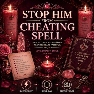 May include: Two tall pink candles with heart charms, a small central candle in a bowl, a book with gold text, a crystal, a small bottle, and a card listing spell benefits. Text reads: STOP HIM FROM CHEATING SPELL, PROTECT YOUR RELATIONSHIP.