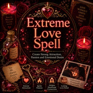 以下が含まれることがあります： 「Extreme Love Spell」の広告。濃い赤と金の配色で、キャンドル、ポーションボトル、カップルの写真、そして「Create Strong Attraction, Passion and Emotional Desire」というテキストが表示されています。