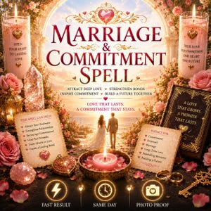 Peut inclure: Publicité pour un sort de mariage et d'engagement. L'image présente des bougies, des roses et un couple marchant vers la lumière. Le texte comprend "Attirer l'amour profond" et "L'amour qui dure".