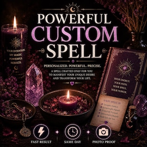 May include: A purple candle in a glass jar, a purple pillar candle in a bowl of petals, a purple crystal, a book with gold text, and a small card with text. The text reads: POWERFUL CUSTOM SPELL, YOUR INTENTION, MY MAGIC, POWERFUL RESULTS.