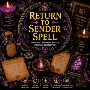 Pode incluir: Imagem com o tema Feitiço de Retorno ao Remetente. Inclui velas, um frasco de poção e cartas com texto. O esquema de cores é escuro com detalhes em roxo e dourado, evocando uma atmosfera mística.