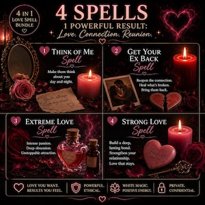 Puede incluir: Gráfico promocional para un paquete de hechizos de amor, con cuatro hechizos diferentes. La imagen incluye velas, rosas y texto como "Hechizo de Pensamiento" y "Hechizo de Recuperar a tu Ex". El tema general es romántico y místico.