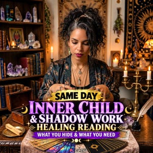 May include: A person with dark curly hair wearing a black patterned robe and multiple necklaces, positioned behind a table with tarot cards and a sign that reads SAME DAY INNER CHILD & SHADOW WORK HEALING READING WHAT YOU HIDE & WHAT YOU NEED.