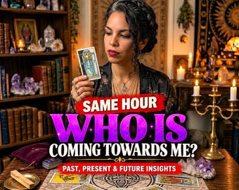 Puede incluir: Una lectura de cartas de tarot con una persona sosteniendo una carta y varias cartas dispuestas sobre un paño estampado. El texto dice: SAME HOUR WHO IS COMING TOWARDS ME? PAST, PRESENT & FUTURE INSIGHTS. Incluye un candelabro de latón.