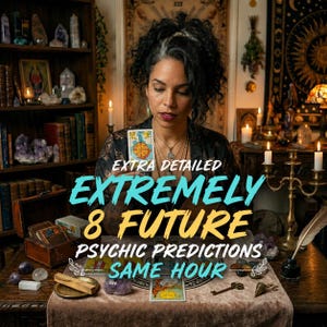 May include: A person holding a tarot card featuring a wheel design, with text overlay reading EXTRA DETAILED EXTREMELY 8 FUTURE PSYCHIC PREDICTIONS SAME HOUR. The scene includes a wooden table with tarot cards, crystals, a key, and a candle holder.