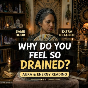 May include: An image promoting aura and energy readings. A woman holds tarot cards, with text overlay: "WHY DO YOU FEEL SO DRAINED?" Additional text includes "SAME HOUR" and "EXTRA DETAILED". The scene is lit by candles and features a bookshelf.