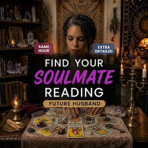May include: An image promoting a soulmate reading. The text reads "Find Your Soulmate Reading" in purple, with "Future Husband" below. A woman is surrounded by tarot cards, crystals, and candles, suggesting a mystical theme.